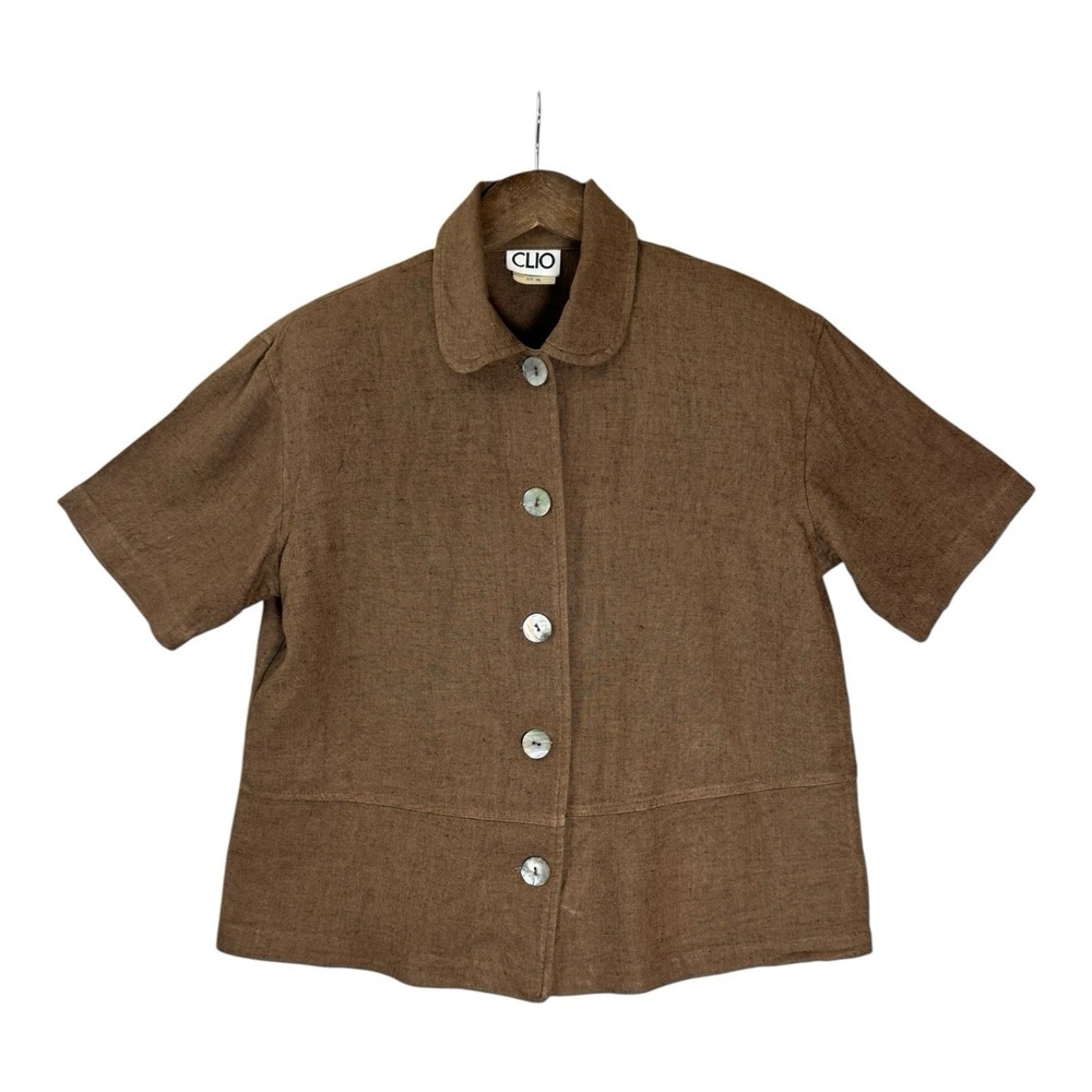 Vintage Clio Womens Flax Button Down Shirt S Brown Peter Pan Collar Boxy‎ Earthy - Picture 2 of 7